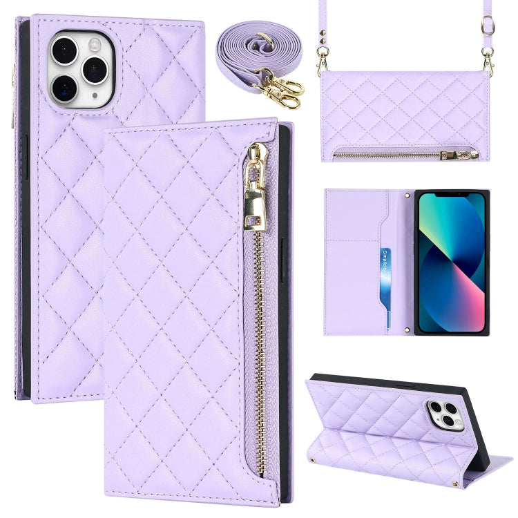 For iPhone 11 Pro Grid Texture Lanyard Zipper Leather Phone Case