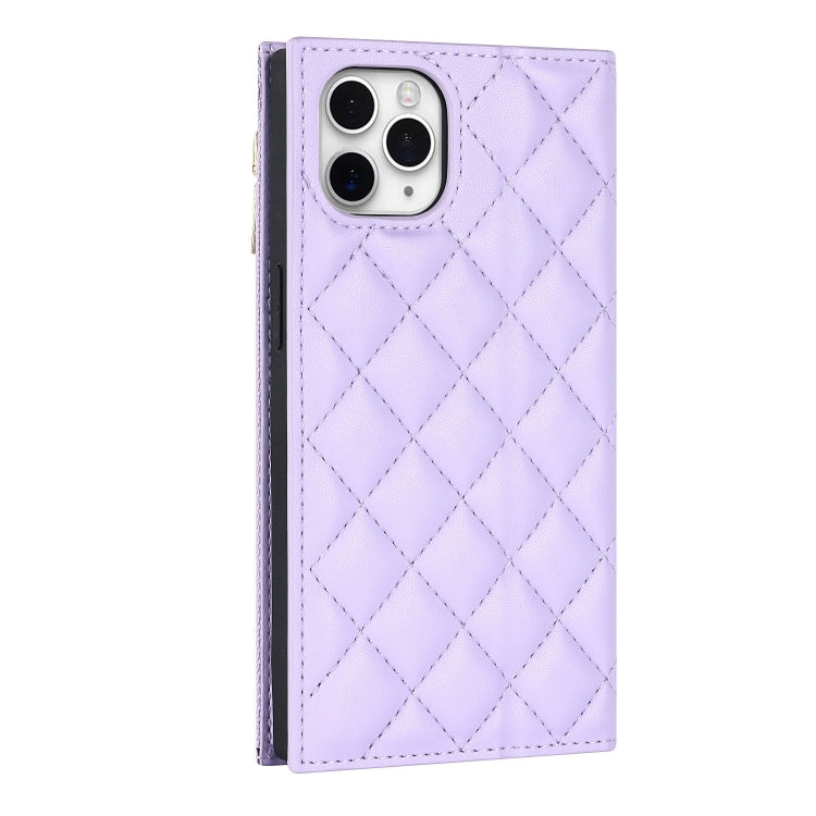 For iPhone 11 Pro Grid Texture Lanyard Zipper Leather Phone Case