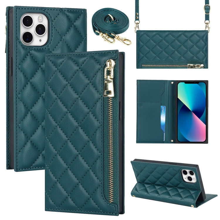 For iPhone 11 Pro Grid Texture Lanyard Zipper Leather Phone Case