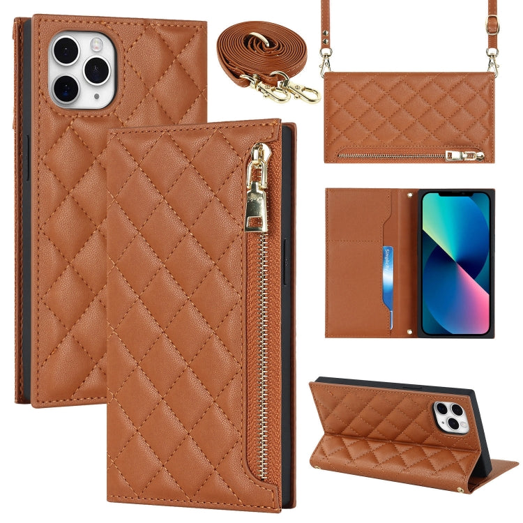For iPhone 11 Pro Grid Texture Lanyard Zipper Leather Phone Case
