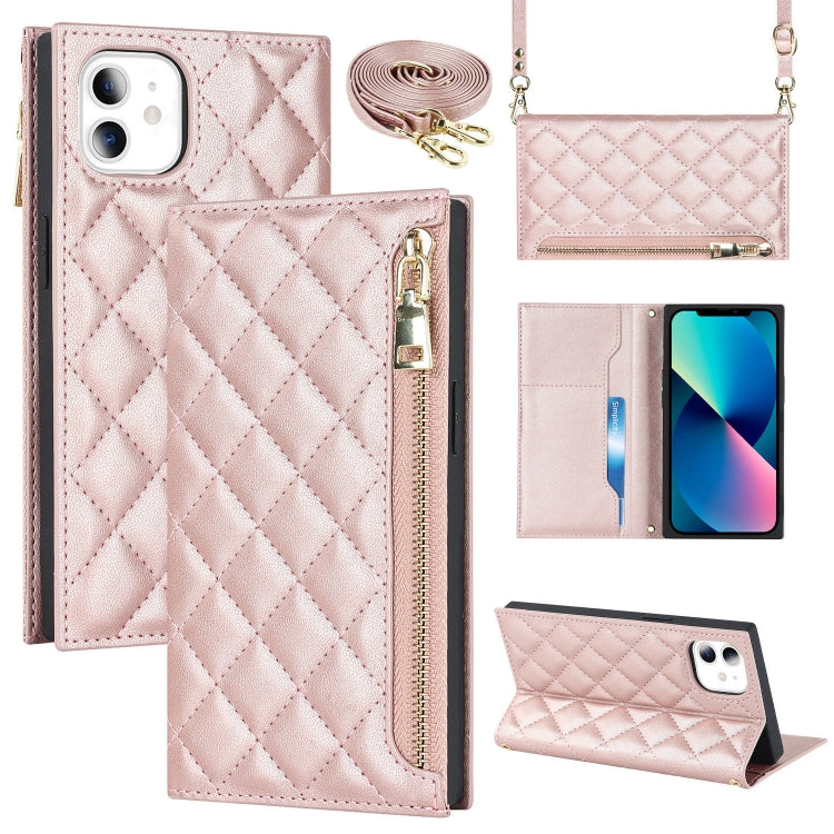 For iPhone 11 Grid Texture Lanyard Zipper Leather Phone Case