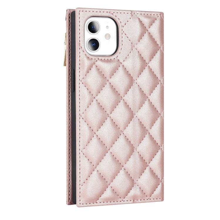 For iPhone 11 Grid Texture Lanyard Zipper Leather Phone Case