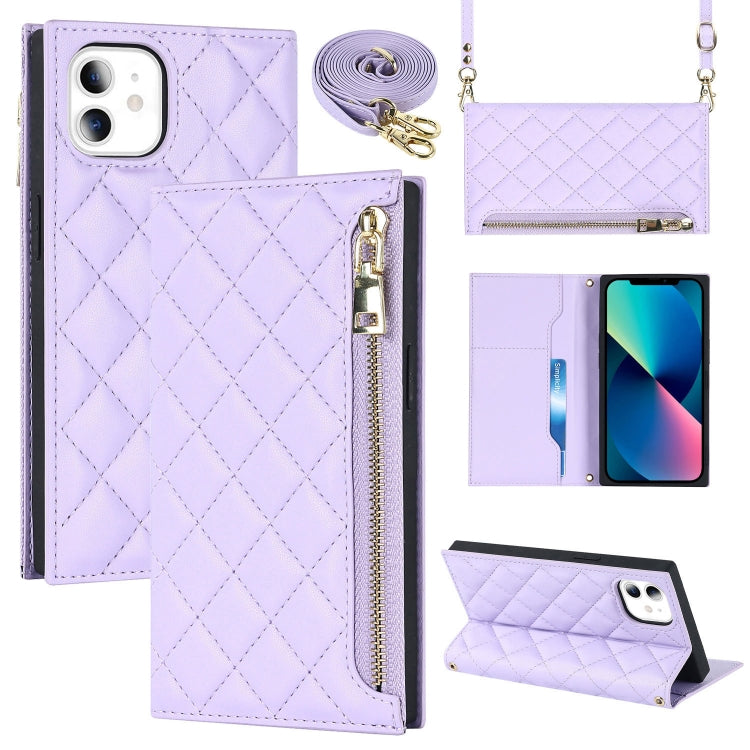 For iPhone 11 Grid Texture Lanyard Zipper Leather Phone Case
