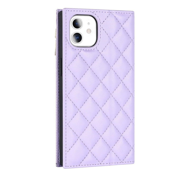 For iPhone 11 Grid Texture Lanyard Zipper Leather Phone Case