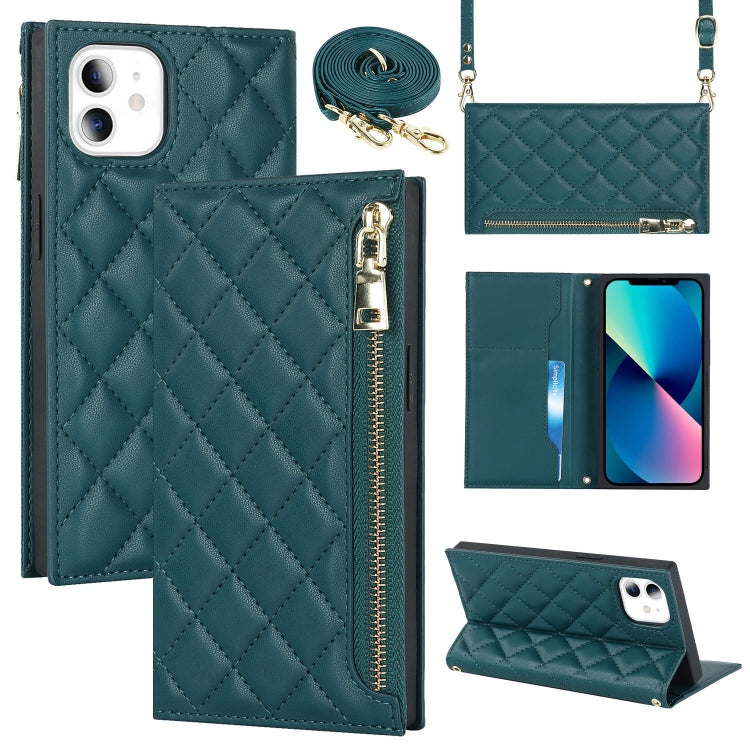 For iPhone 11 Grid Texture Lanyard Zipper Leather Phone Case