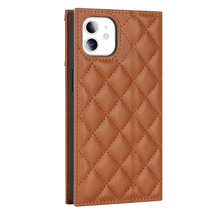 For iPhone 11 Grid Texture Lanyard Zipper Leather Phone Case