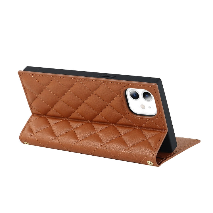 For iPhone 11 Grid Texture Lanyard Zipper Leather Phone Case