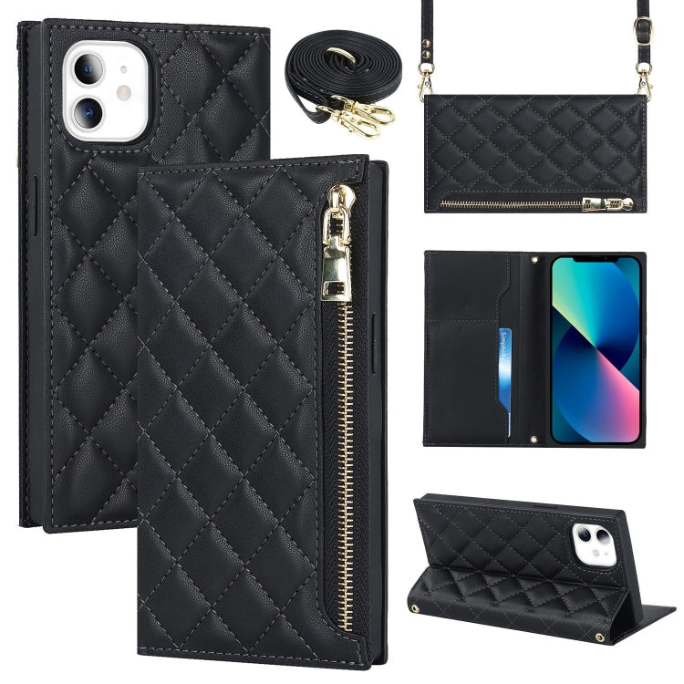 For iPhone 11 Grid Texture Lanyard Zipper Leather Phone Case