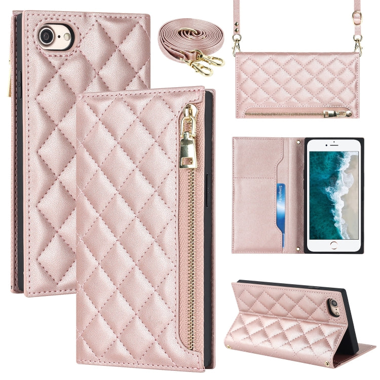 For iPhone SE 2022 / SE 2020 / 8 / 7 Grid Texture Lanyard Zipper Leather Phone Case