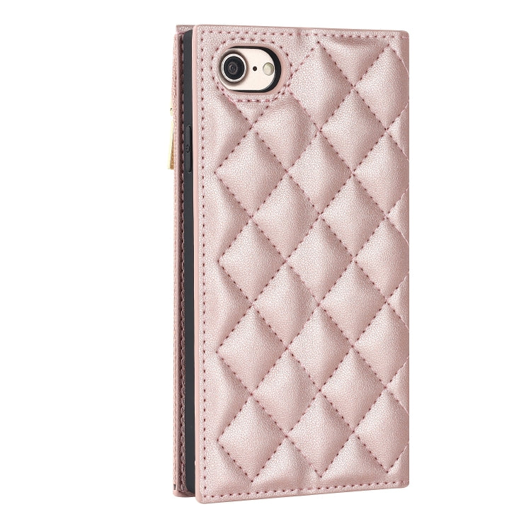 For iPhone SE 2022 / SE 2020 / 8 / 7 Grid Texture Lanyard Zipper Leather Phone Case