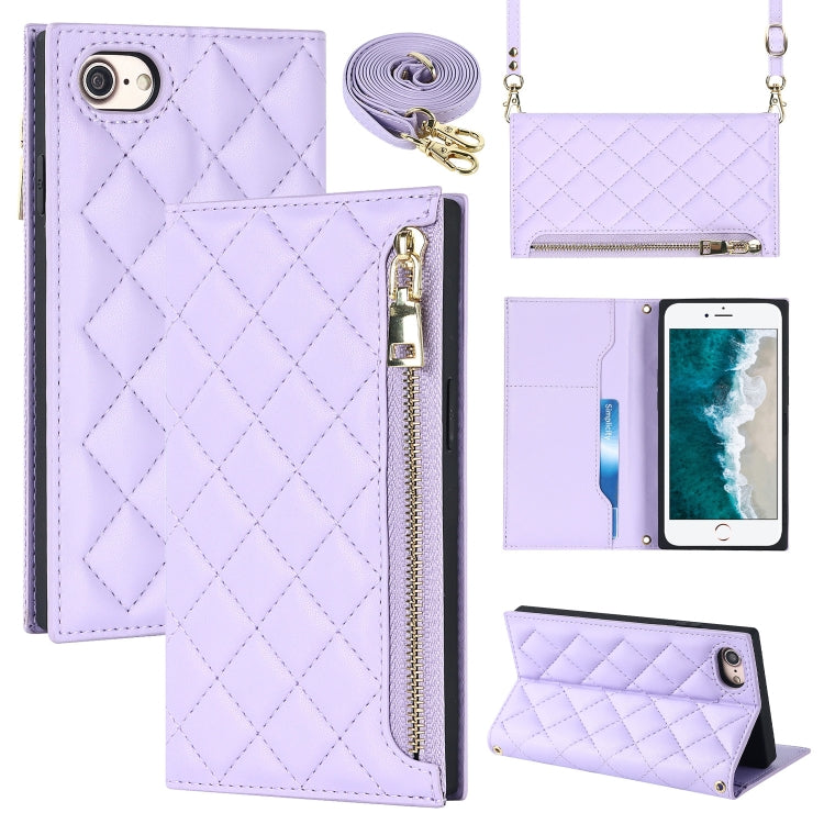 For iPhone SE 2022 / SE 2020 / 8 / 7 Grid Texture Lanyard Zipper Leather Phone Case
