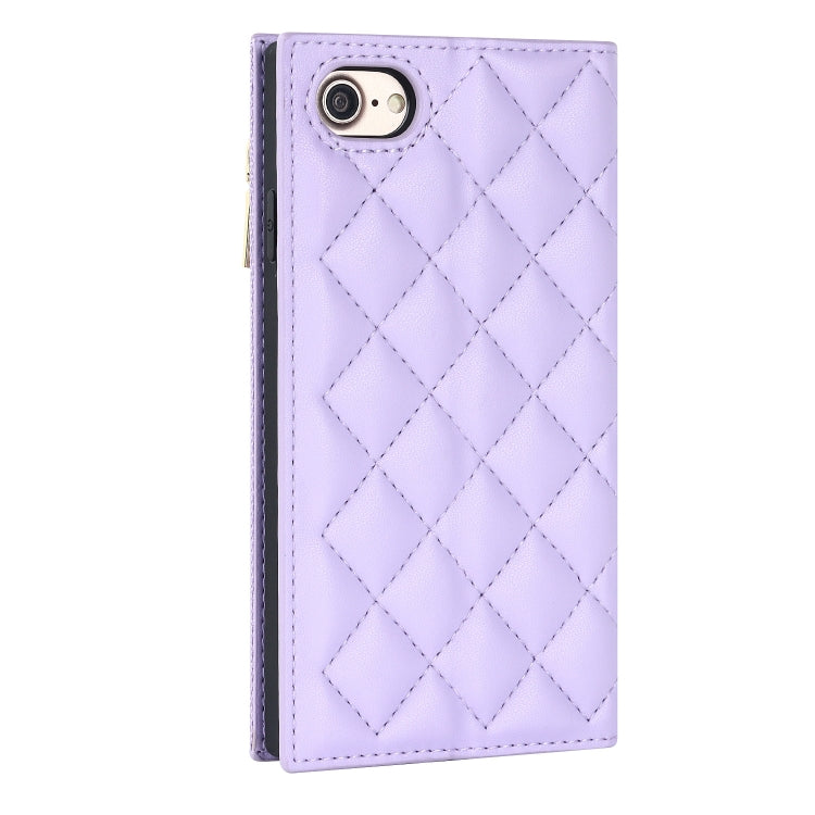 For iPhone SE 2022 / SE 2020 / 8 / 7 Grid Texture Lanyard Zipper Leather Phone Case