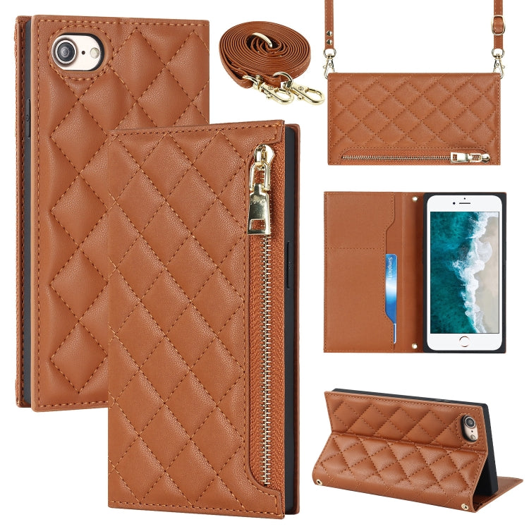For iPhone SE 2022 / SE 2020 / 8 / 7 Grid Texture Lanyard Zipper Leather Phone Case