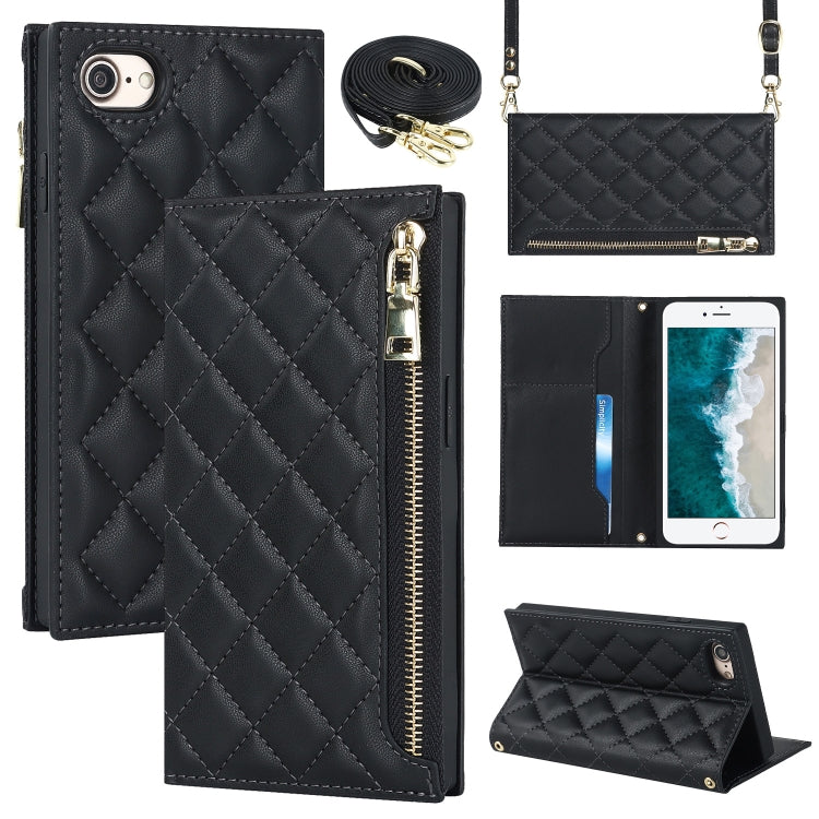 For iPhone SE 2022 / SE 2020 / 8 / 7 Grid Texture Lanyard Zipper Leather Phone Case