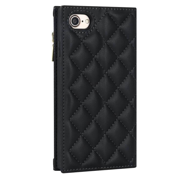 For iPhone SE 2022 / SE 2020 / 8 / 7 Grid Texture Lanyard Zipper Leather Phone Case