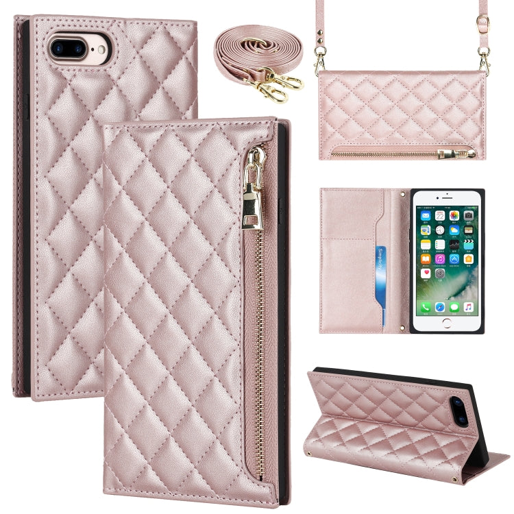 For iPhone 8 Plus / 7 Plus Grid Texture Lanyard Zipper Leather Phone Case