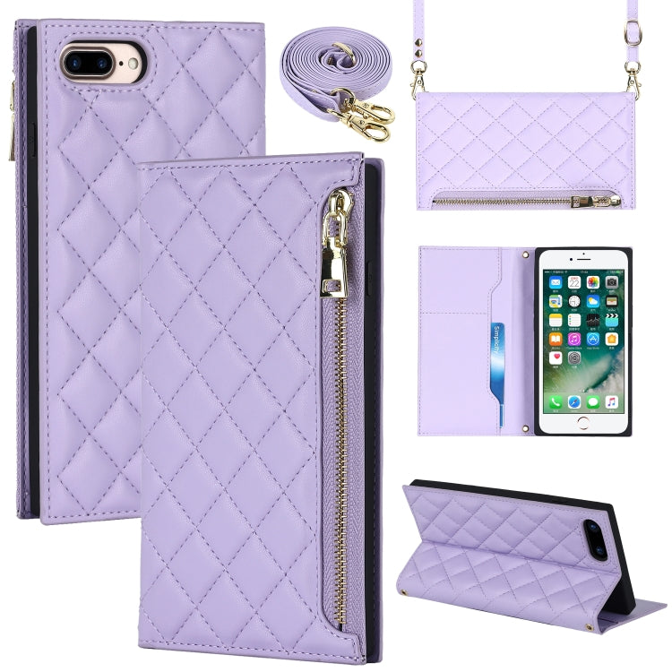 For iPhone 8 Plus / 7 Plus Grid Texture Lanyard Zipper Leather Phone Case