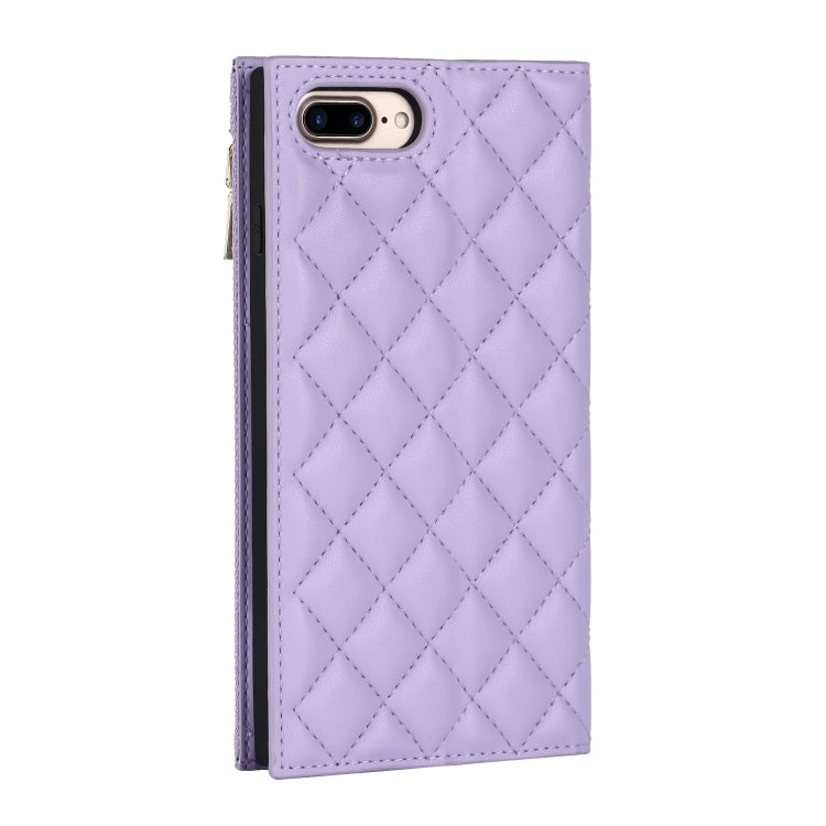For iPhone 8 Plus / 7 Plus Grid Texture Lanyard Zipper Leather Phone Case
