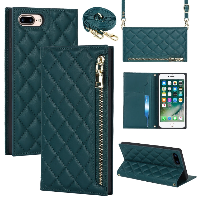 For iPhone 8 Plus / 7 Plus Grid Texture Lanyard Zipper Leather Phone Case