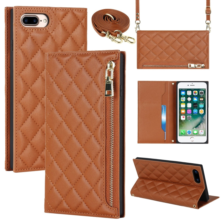 For iPhone 8 Plus / 7 Plus Grid Texture Lanyard Zipper Leather Phone Case