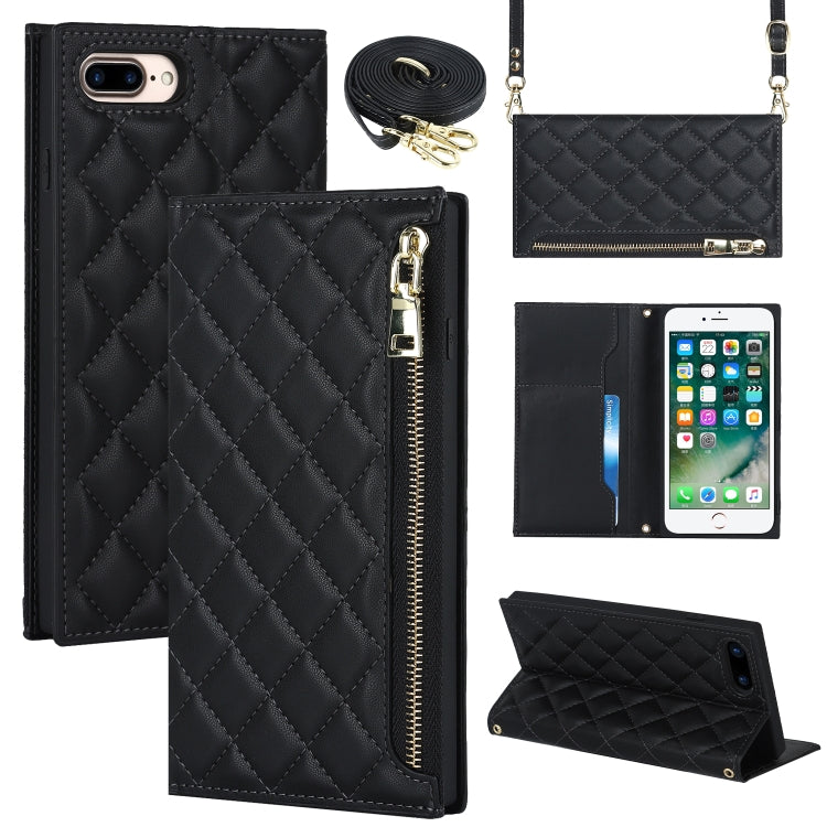 For iPhone 8 Plus / 7 Plus Grid Texture Lanyard Zipper Leather Phone Case