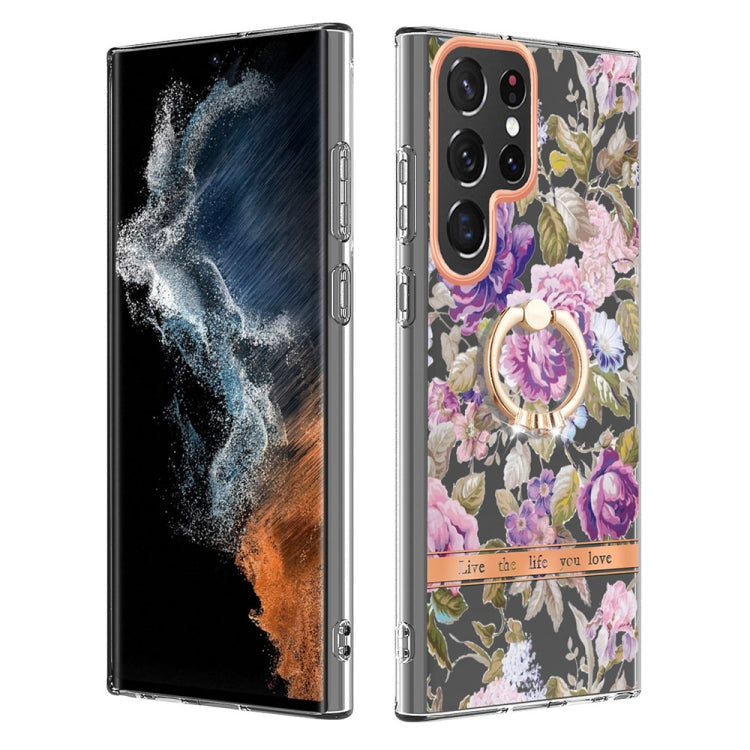 For Samsung Galaxy S23 Ultra 5G Flowers and Plants Series IMD TPU Phone Case with Ring Holder