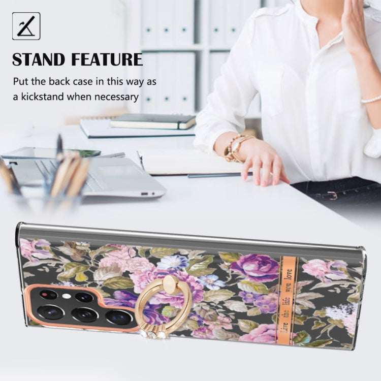 For Samsung Galaxy S23 Ultra 5G Flowers and Plants Series IMD TPU Phone Case with Ring Holder