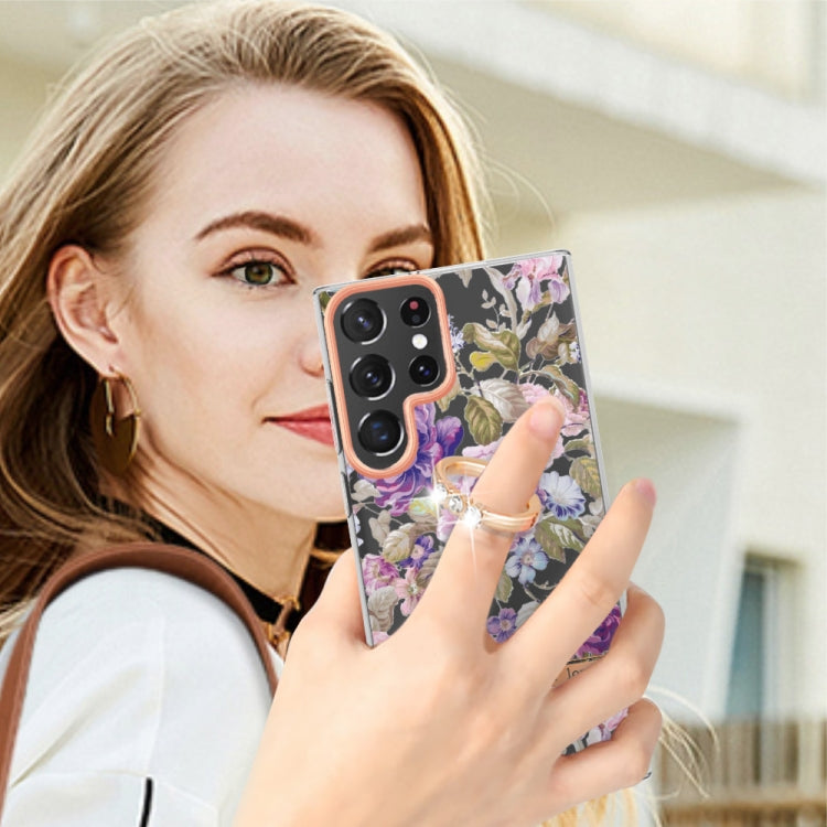 For Samsung Galaxy S23 Ultra 5G Flowers and Plants Series IMD TPU Phone Case with Ring Holder