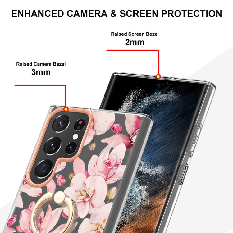 For Samsung Galaxy S23 Ultra 5G Flowers and Plants Series IMD TPU Phone Case with Ring Holder