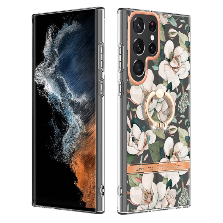 For Samsung Galaxy S23 Ultra 5G Flowers and Plants Series IMD TPU Phone Case with Ring Holder