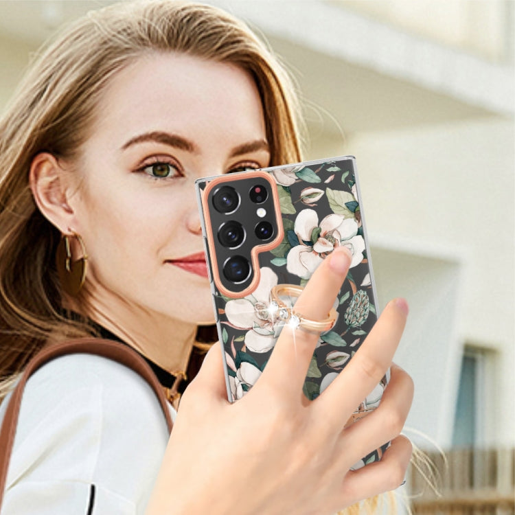 For Samsung Galaxy S23 Ultra 5G Flowers and Plants Series IMD TPU Phone Case with Ring Holder