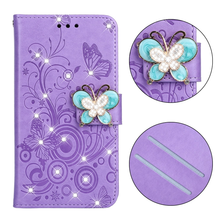 For iPhone SE 2022 / SE 2020 Diamond Encrusted Butterflies Embossing Pattern Horizontal Flip Leather Case with Holder & Card Slots & Wallet & Lanyard