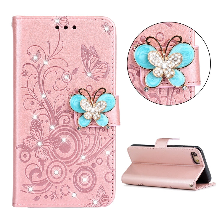 For iPhone SE 2022 / SE 2020 Diamond Encrusted Butterflies Embossing Pattern Horizontal Flip Leather Case with Holder & Card Slots & Wallet & Lanyard