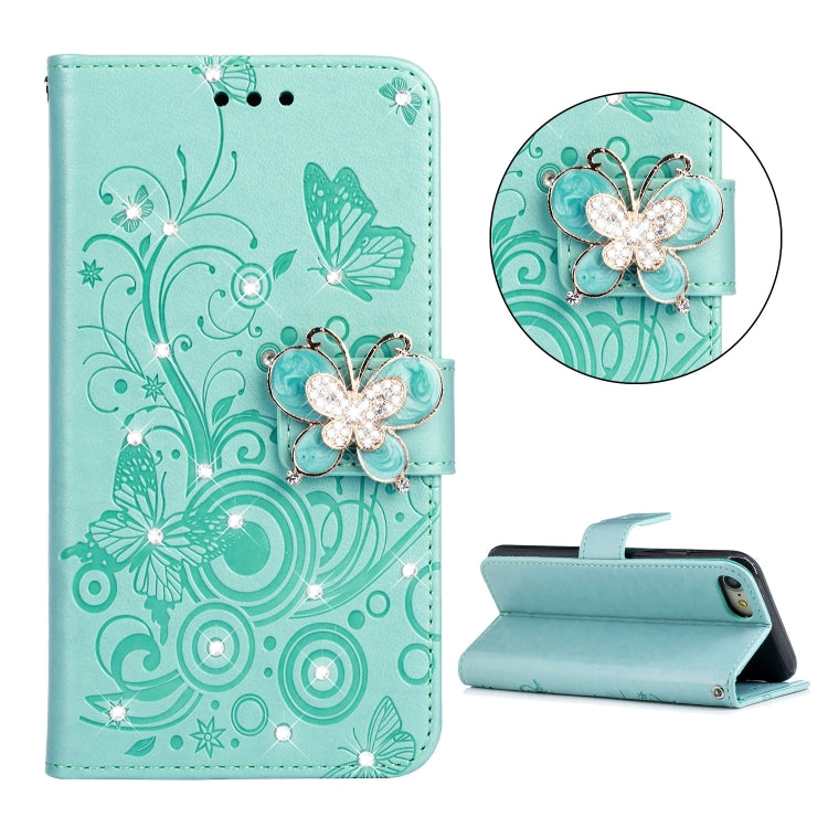 For iPhone SE 2022 / SE 2020 Diamond Encrusted Butterflies Embossing Pattern Horizontal Flip Leather Case with Holder & Card Slots & Wallet & Lanyard
