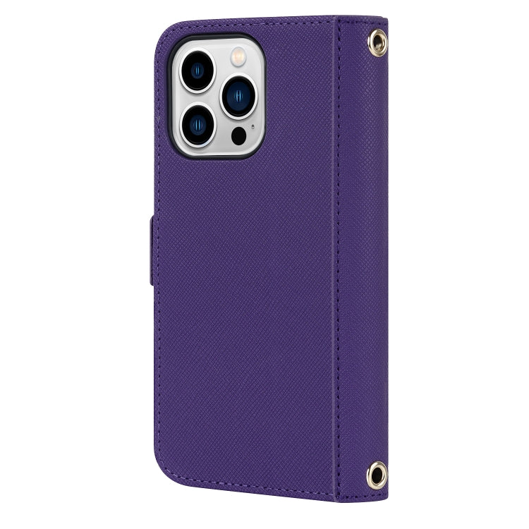 For iPhone 14 Pro Max Cross Texture Lanyard Leather Phone Case