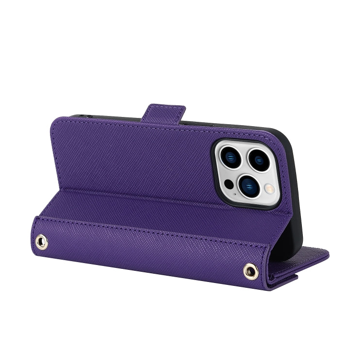 For iPhone 14 Pro Max Cross Texture Lanyard Leather Phone Case