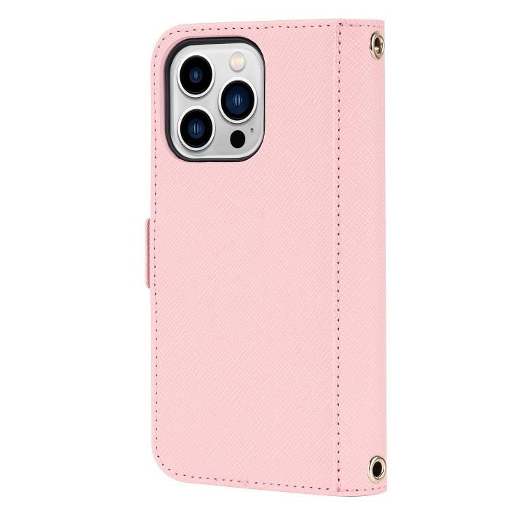 For iPhone 14 Pro Max Cross Texture Lanyard Leather Phone Case