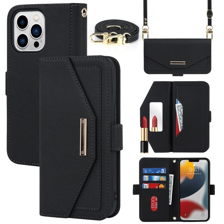 For iPhone 14 Pro Cross Texture Lanyard Leather Phone Case