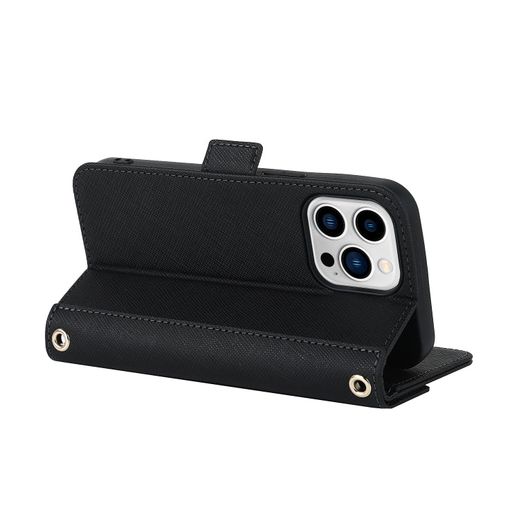 For iPhone 14 Pro Cross Texture Lanyard Leather Phone Case