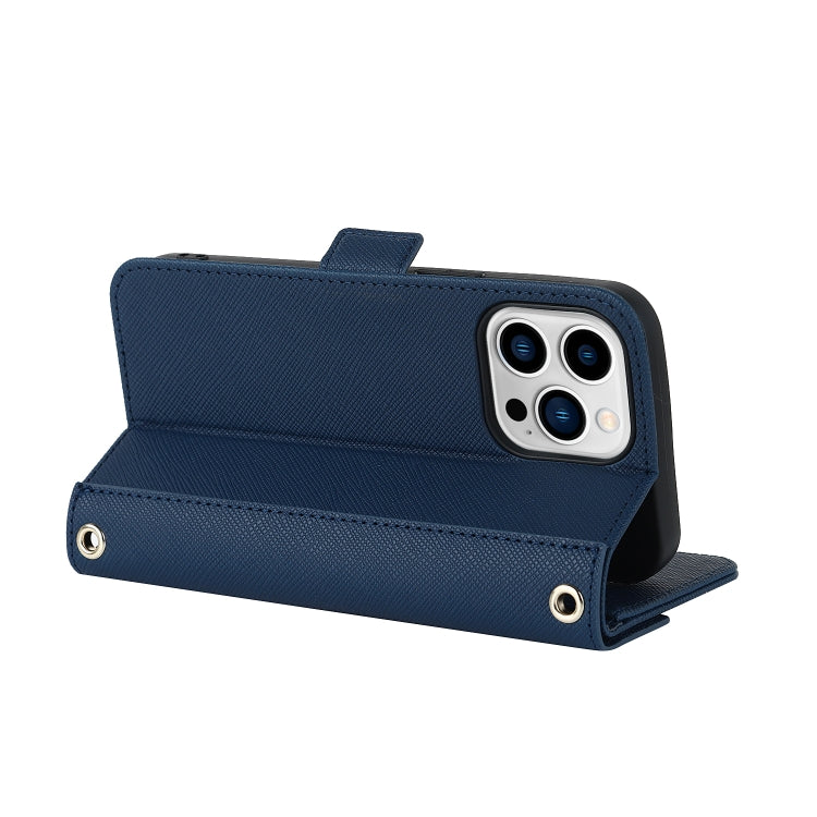 For iPhone 14 Pro Cross Texture Lanyard Leather Phone Case