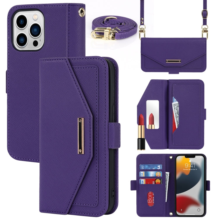 For iPhone 14 Pro Cross Texture Lanyard Leather Phone Case