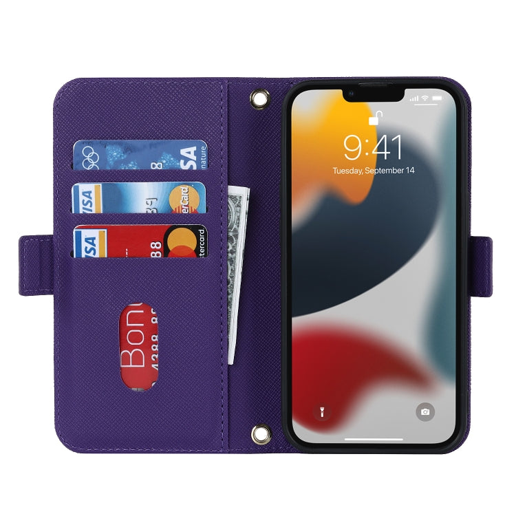 For iPhone 14 Pro Cross Texture Lanyard Leather Phone Case