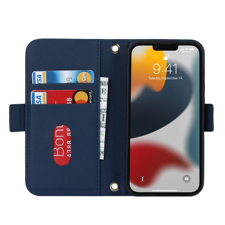 For iPhone 14 Cross Texture Lanyard Leather Phone Case