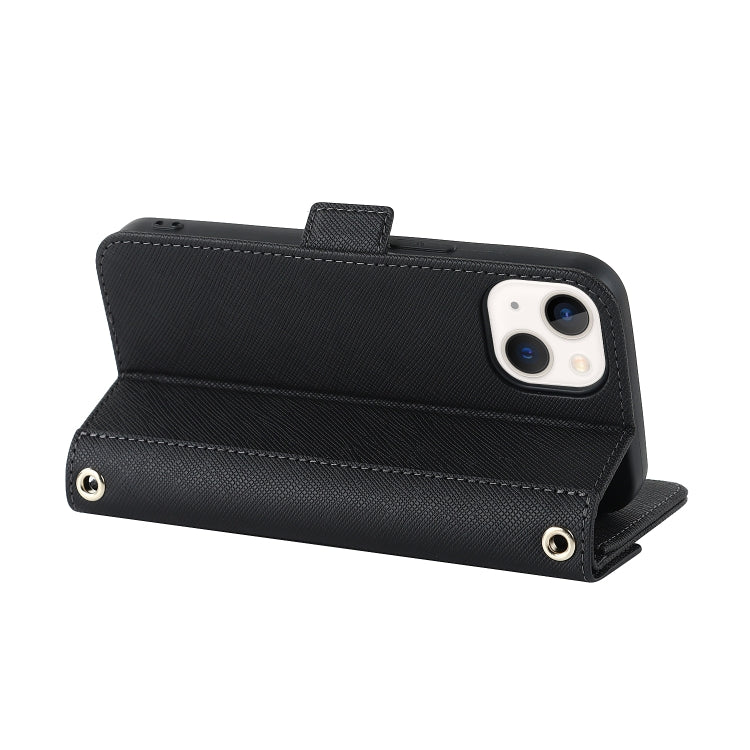 For iPhone 14 Plus Cross Texture Lanyard Leather Phone Case