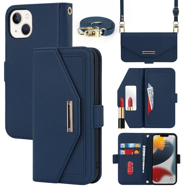 For iPhone 14 Plus Cross Texture Lanyard Leather Phone Case