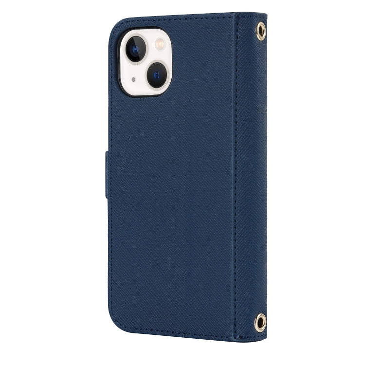 For iPhone 14 Plus Cross Texture Lanyard Leather Phone Case