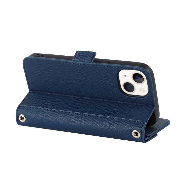 For iPhone 14 Plus Cross Texture Lanyard Leather Phone Case