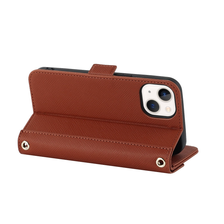 For iPhone 14 Plus Cross Texture Lanyard Leather Phone Case