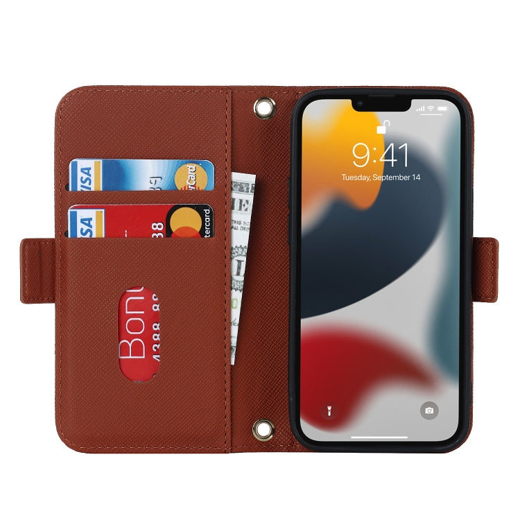 For iPhone 14 Plus Cross Texture Lanyard Leather Phone Case