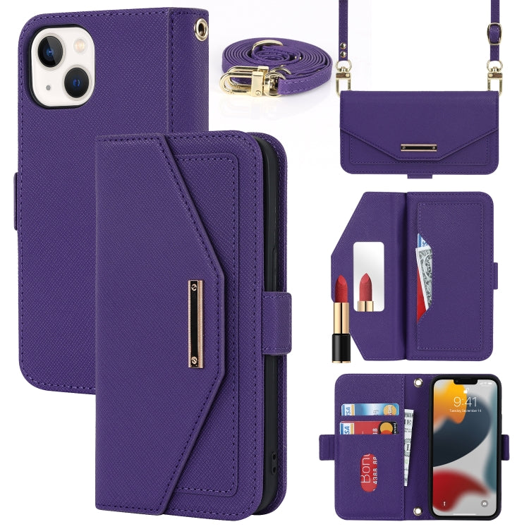 For iPhone 14 Plus Cross Texture Lanyard Leather Phone Case